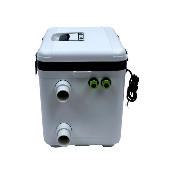 A white cooler with two eyes on the side.