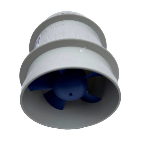 A blue and white fan is in the middle of two pipes.
