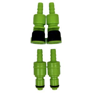 A pair of green water nozzles sitting next to each other.
