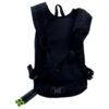 A black backpack with a bullet in it.