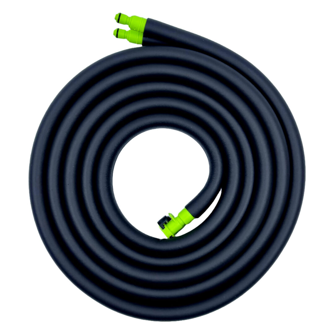 A black hose with yellow ends is curled up.