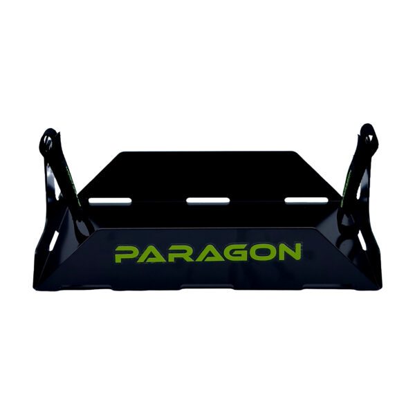 A black metal stand with the word paragon written on it.