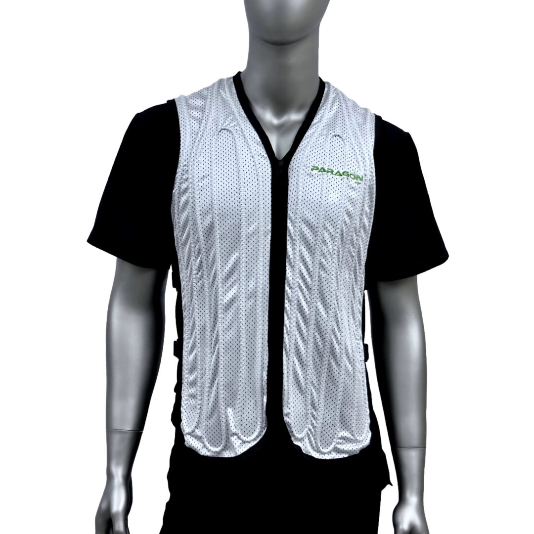 A man wearing an electric cooling vest.