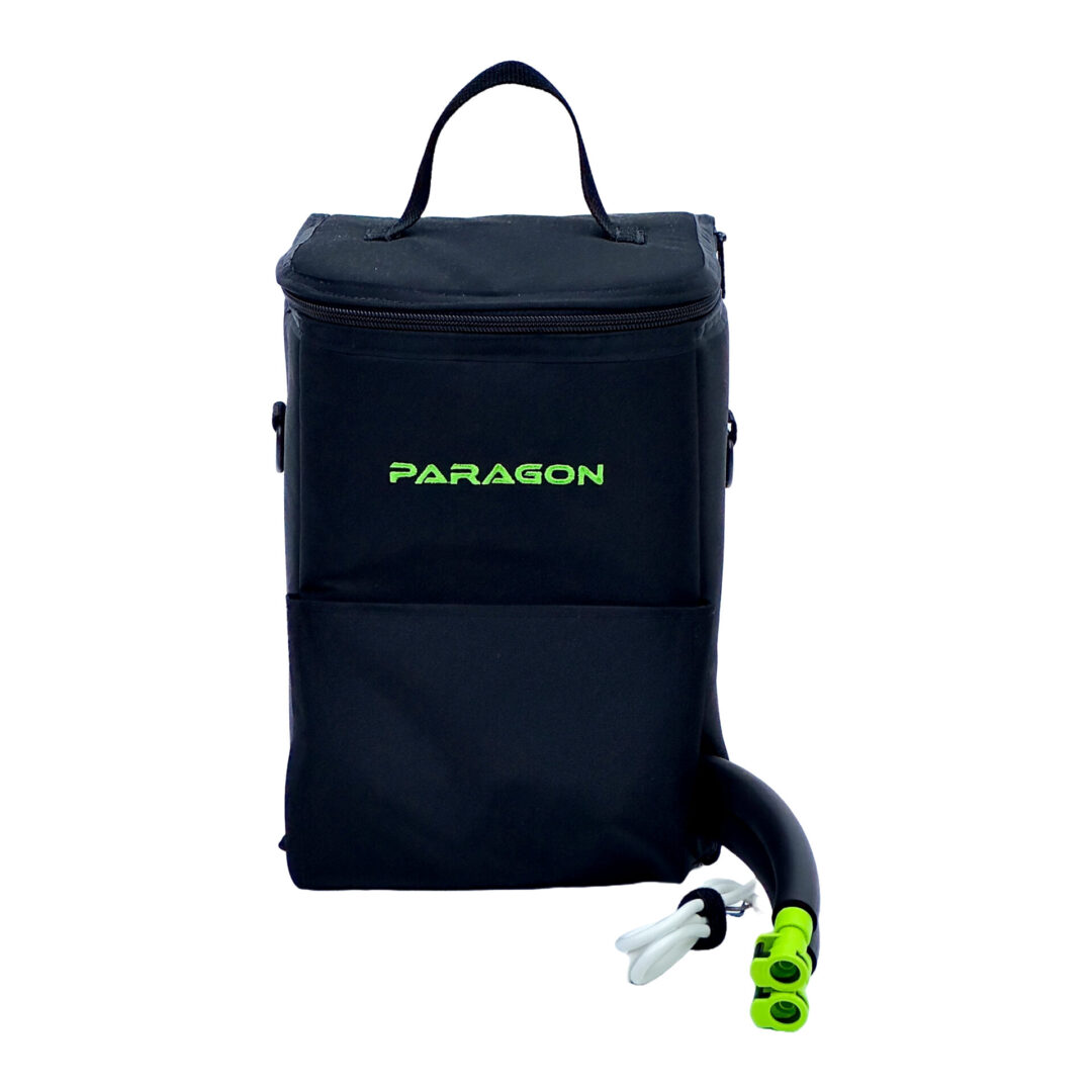 A black bag with green lettering and handles.