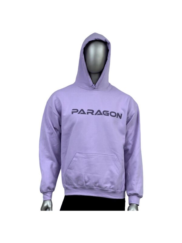 A person wearing a purple hoodie with the word paragon on it.