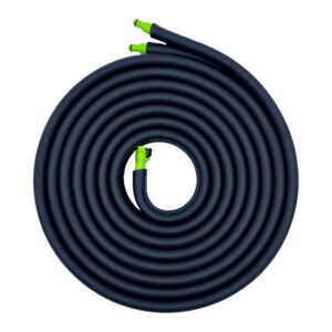 A black hose with green ends on it.