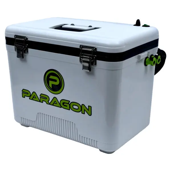 A white cooler with the word " paragon " on it.