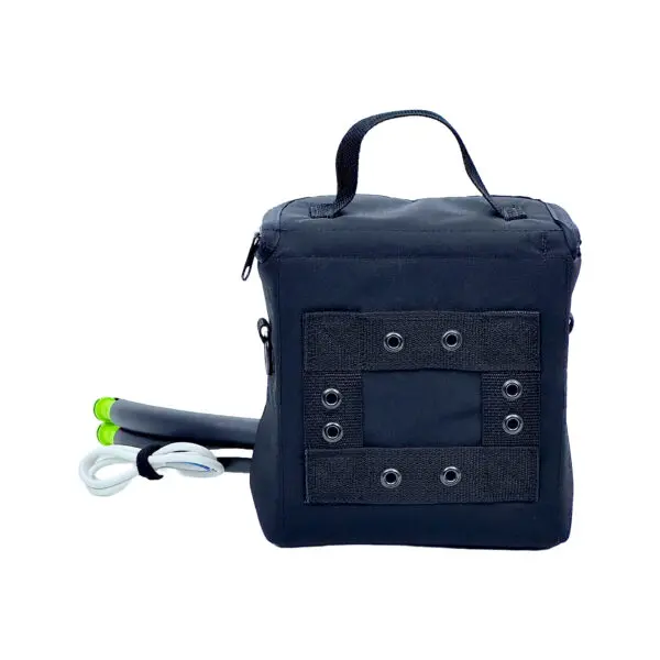 A black bag with green handles and an ear bud holder.