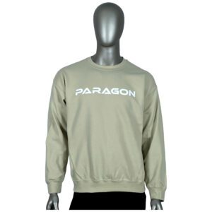 A man wearing a tan sweatshirt with the word paragon on it.