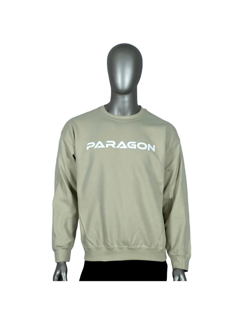 A man wearing a tan sweatshirt with the word paragon on it.