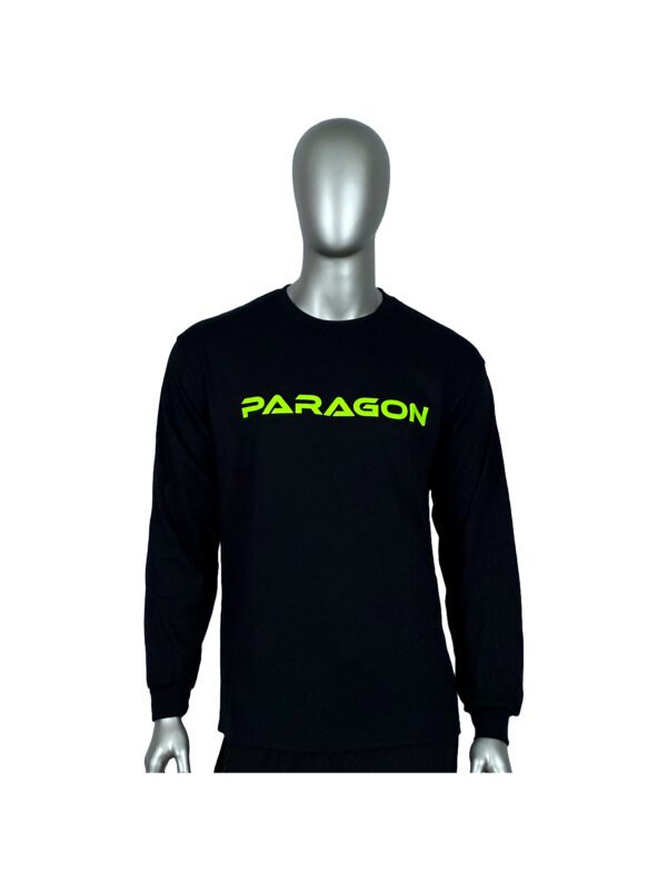 A black long sleeve shirt with the word paragon on it.