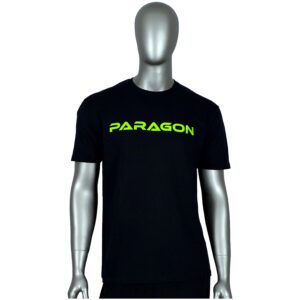 A mannequin wearing a black t-shirt with neon green lettering.