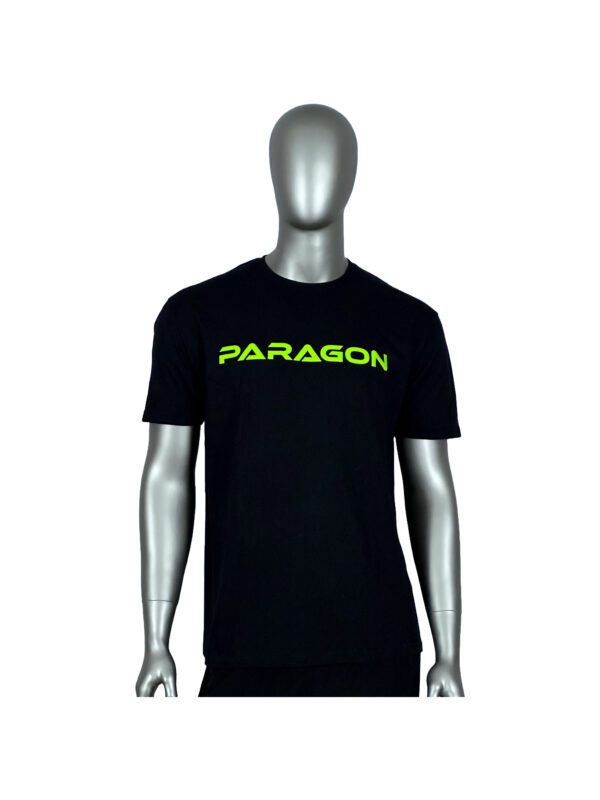 A mannequin wearing a black t-shirt with neon green lettering.