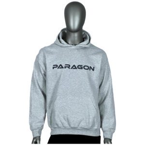 A person wearing a gray hoodie with the word paragon on it.